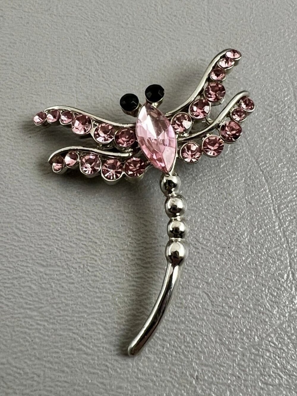 Pink Rhinestone Dragonfly Brooch Silver Tone Costume Jewelry Pin Black Eyes